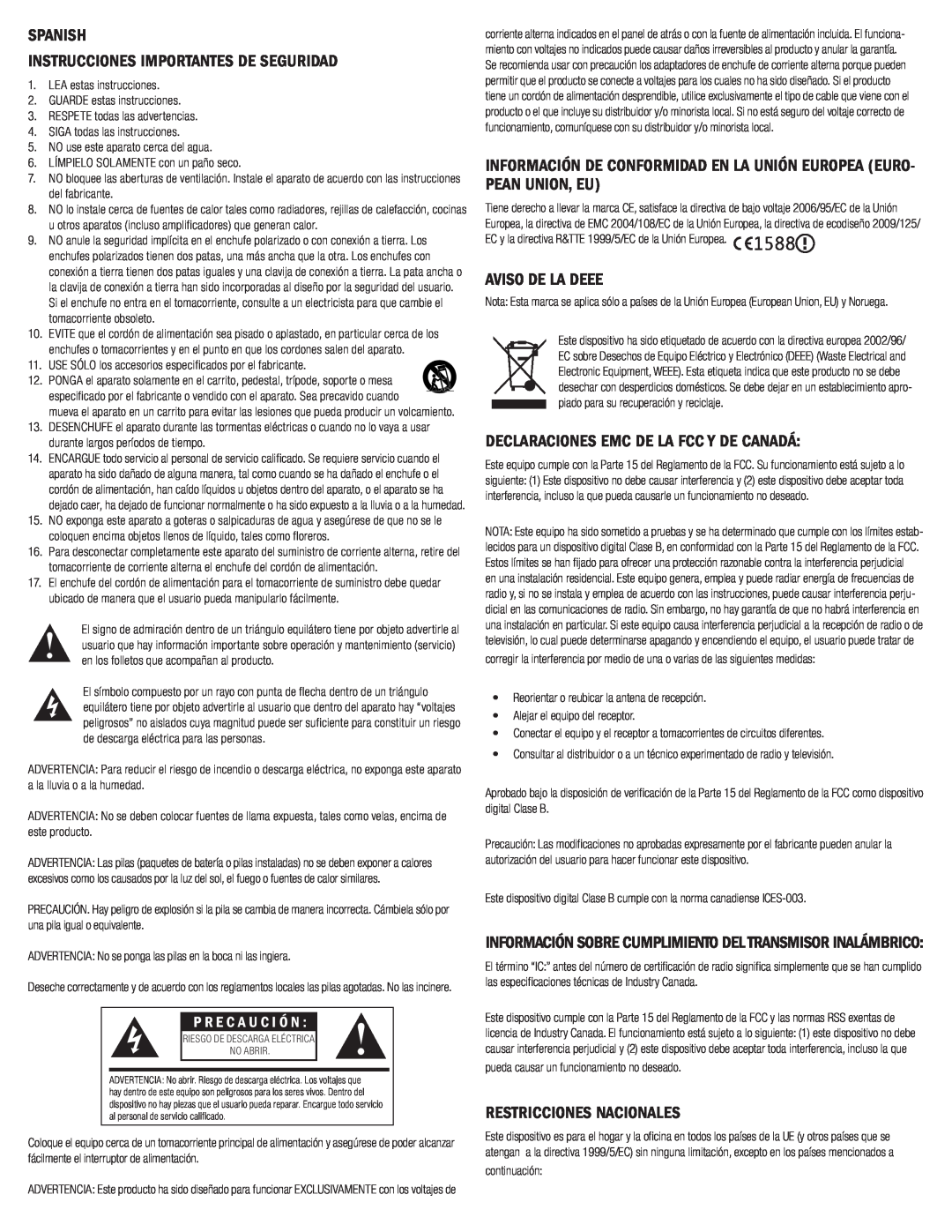 Klipsch G-17 AIR Spanish Instrucciones Importantes De Seguridad, Aviso De La Deee, Declaraciones Emc De La Fcc Y De Canadá 
