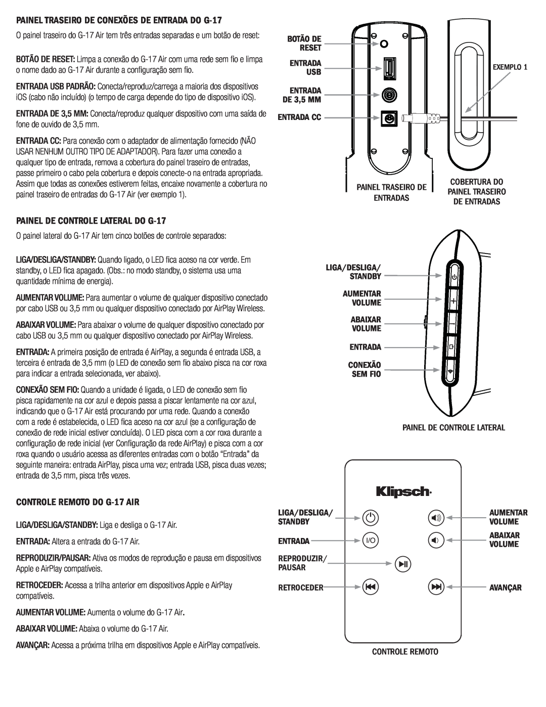 Klipsch G-17 AIR owner manual PAINEL DE CONTROLE LATERAL DO G-17, CONTROLE REMOTO DO G-17AIR 