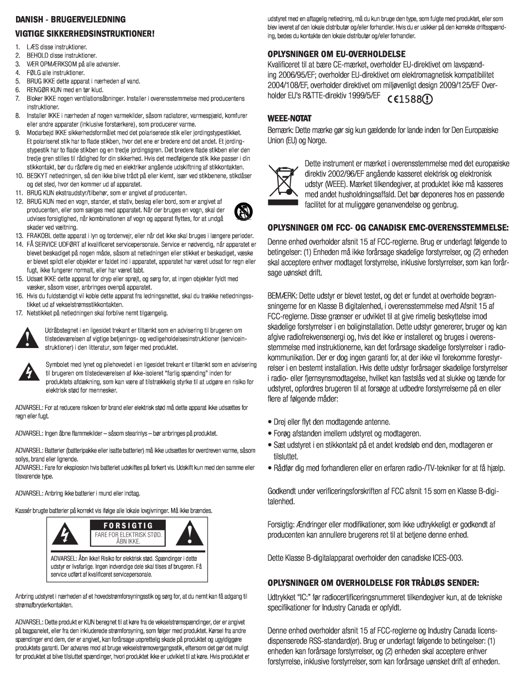 Klipsch G-17 AIR Danish - Brugervejledning, Vigtige Sikkerhedsinstruktioner, Oplysninger Om Eu-Overholdelse, Weee-Notat 