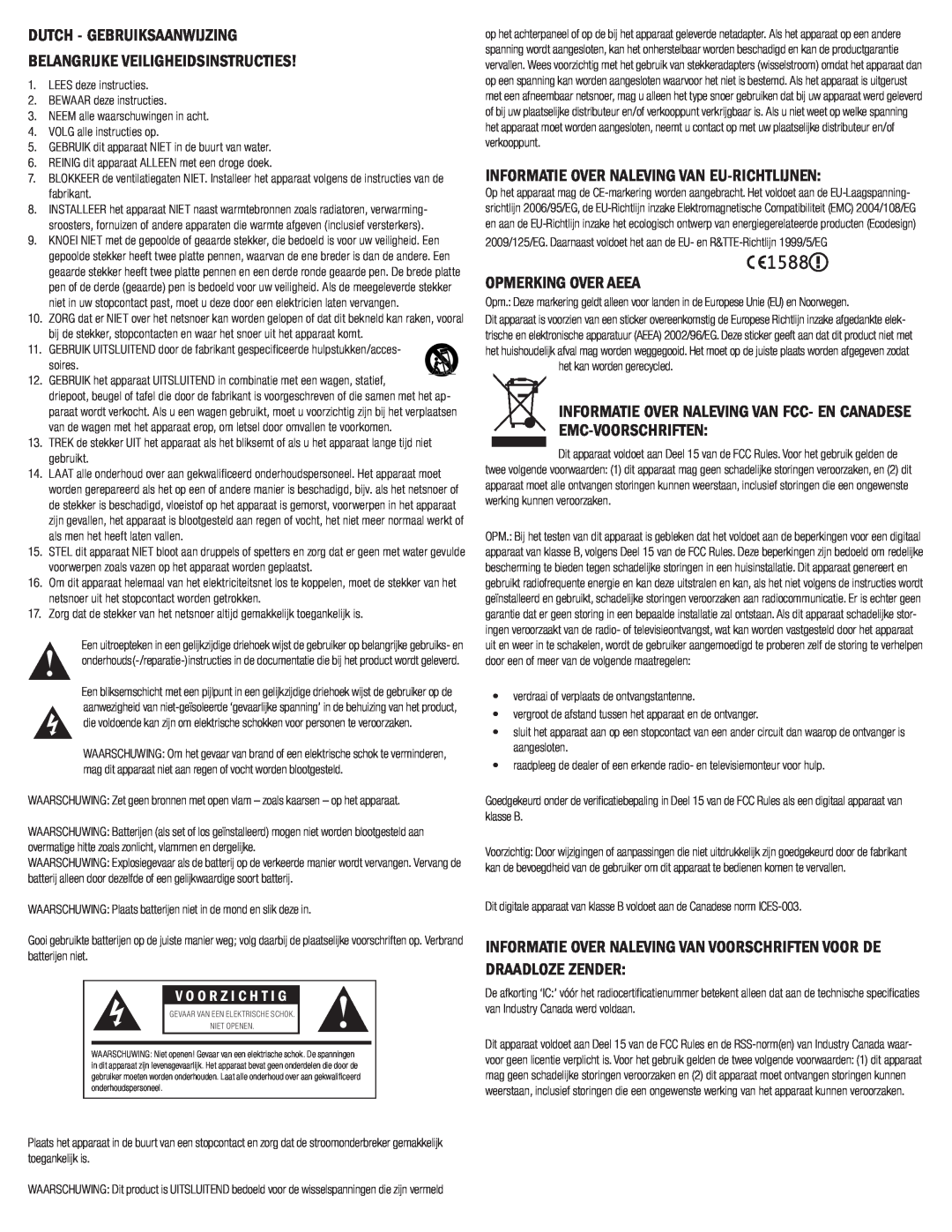 Klipsch G-17 AIR owner manual Dutch - Gebruiksaanwijzing, Belangrijke Veiligheidsinstructies, Opmerking Over Aeea 