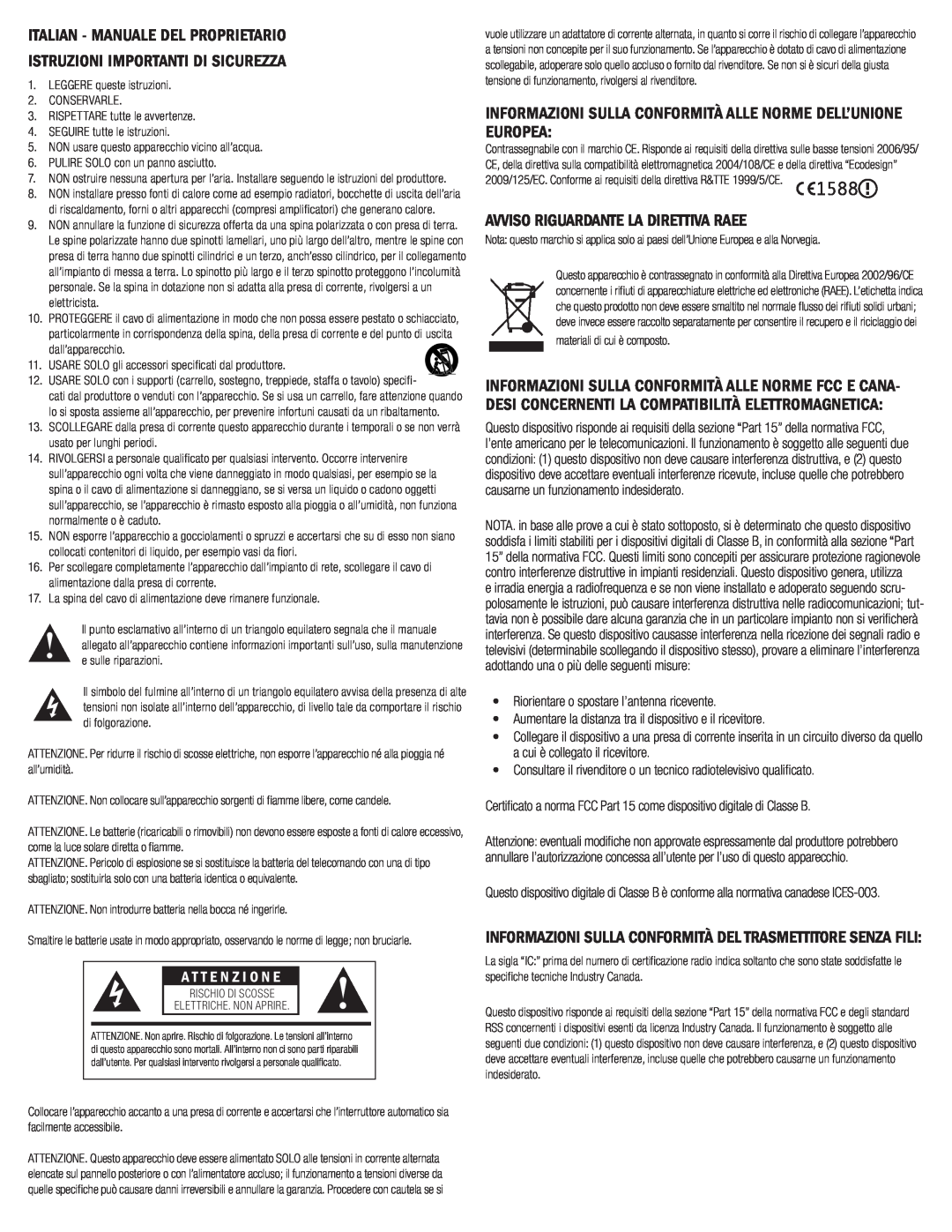 Klipsch G-17 AIR owner manual Italian - Manuale Del Proprietario, Istruzioni Importanti Di Sicurezza, A T T E N Z I O N E 