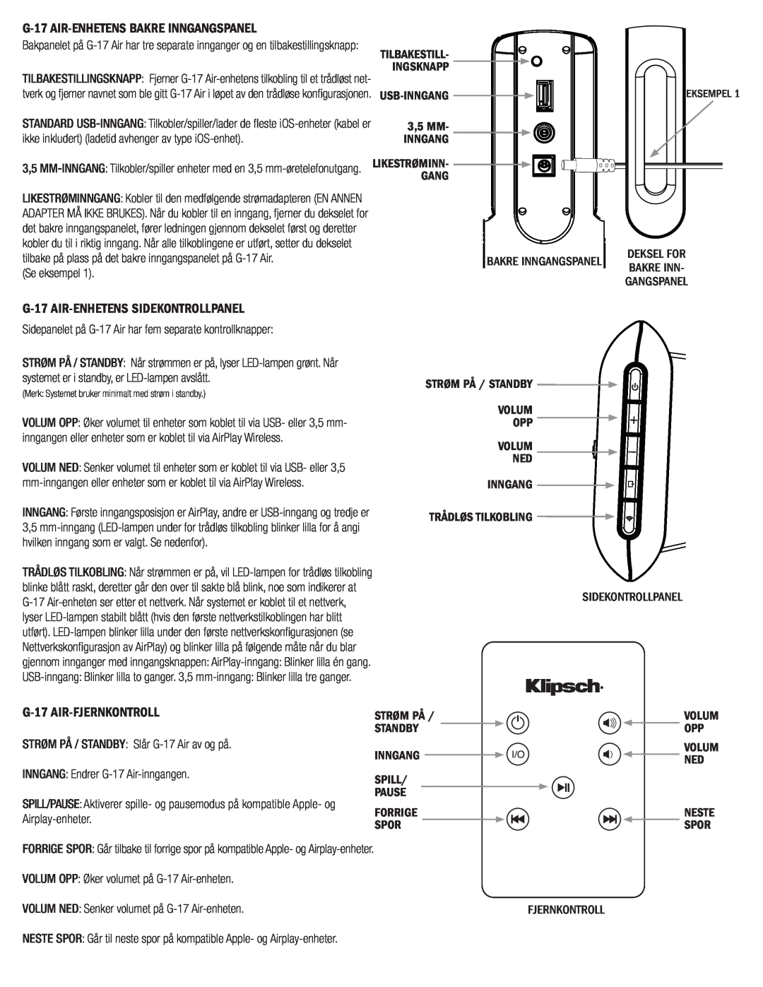 Klipsch owner manual G-17 AIR-ENHETENSBAKRE INNGANGSPANEL, G-17 AIR-ENHETENSSIDEKONTROLLPANEL, G-17 AIR-FJERNKONTROLL 