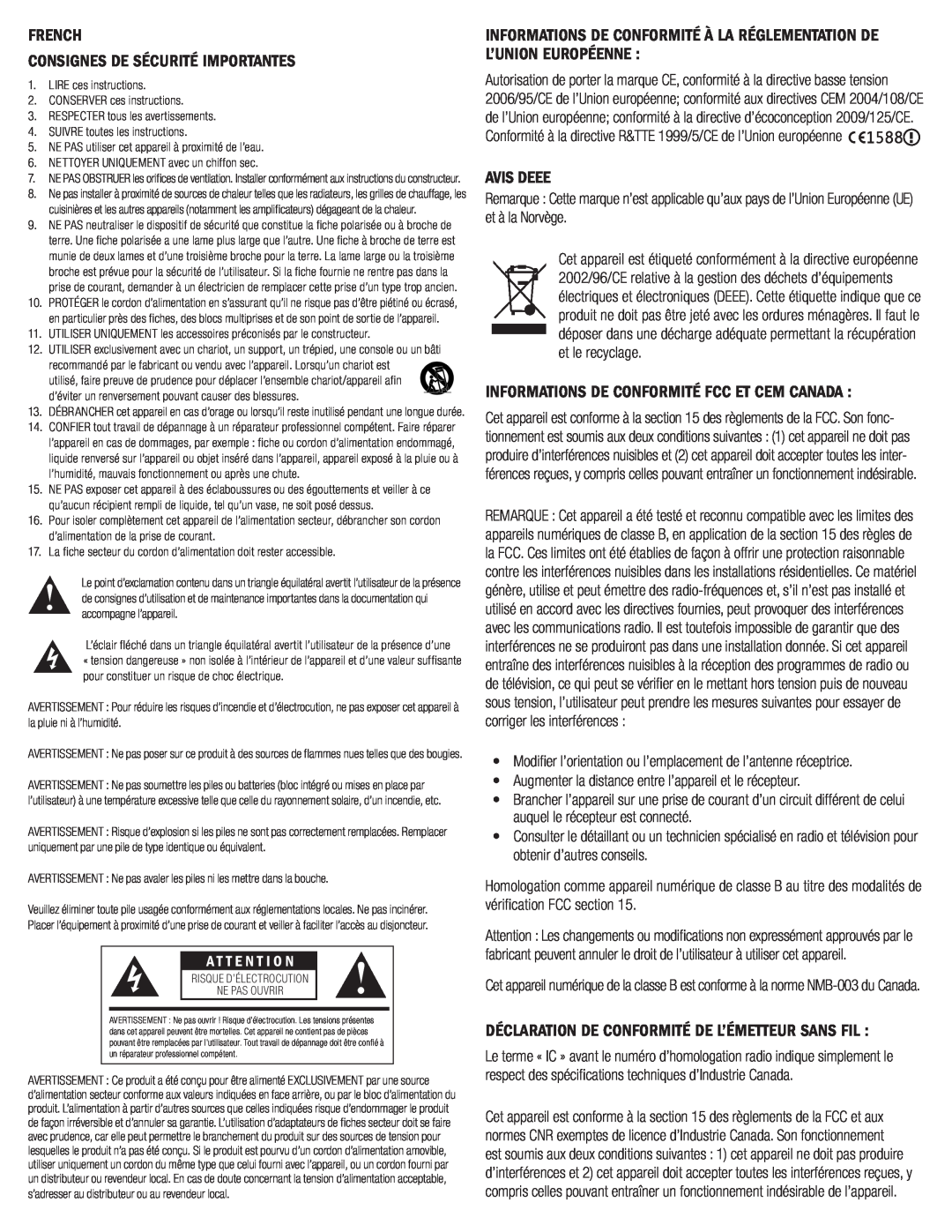 Klipsch G-17 AIR French Consignes De Sécurité Importantes, Avis Deee, Informations De Conformité Fcc Et Cem Canada 