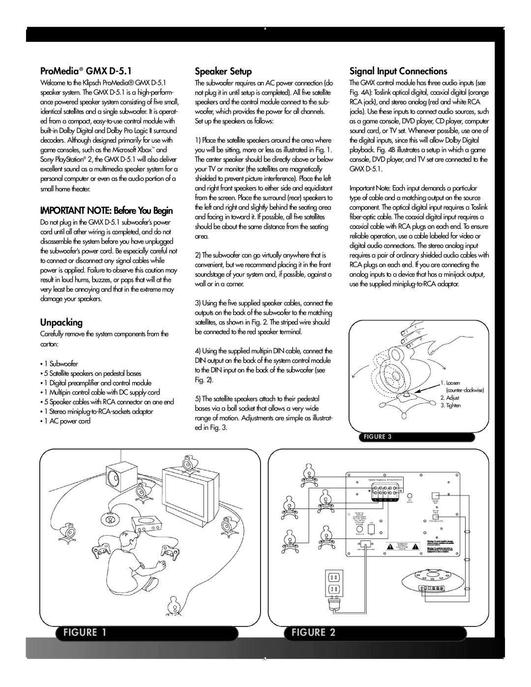 Klipsch manual ProMedia GMX D-5.1, Unpacking, Speaker Setup, Signal Input Connections 