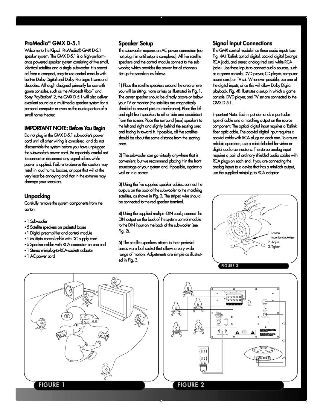Klipsch manual ProMedia GMX D-5.1, Unpacking, Speaker Setup, Signal Input Connections, IMPORTANT NOTE Before You Begin 