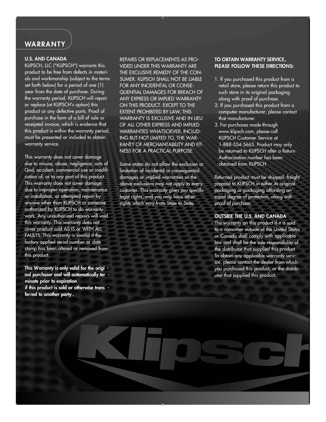 Klipsch GMX D-5.1 manual Wa R R A N T Y 