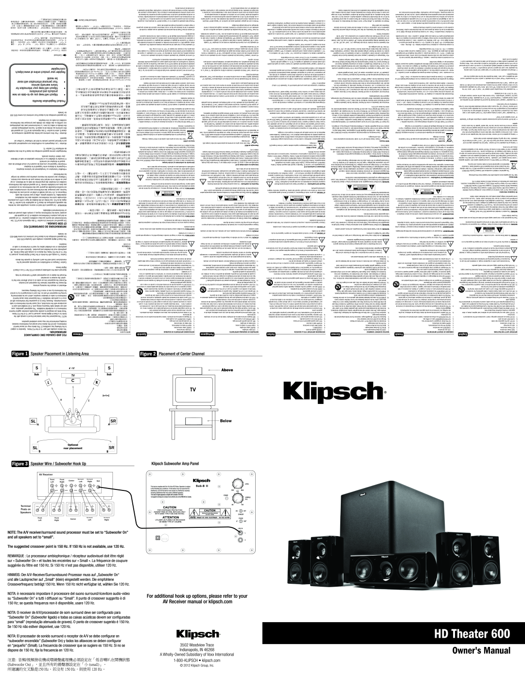 Klipsch HD THEATER 600 owner manual HD Theater, Placement of Center Channel, Speaker Wire / Subwoofer Hook Up 