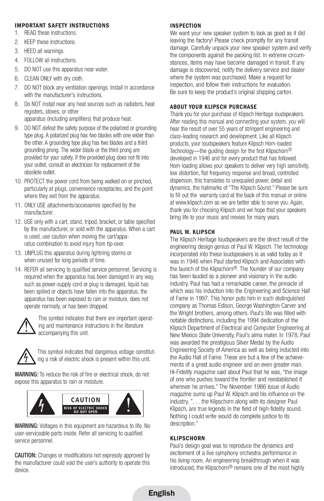 Klipsch Heresy III English, Important Safety Instructions, Inspection, About Your Klipsch Purchase Paul W. Klipsch 