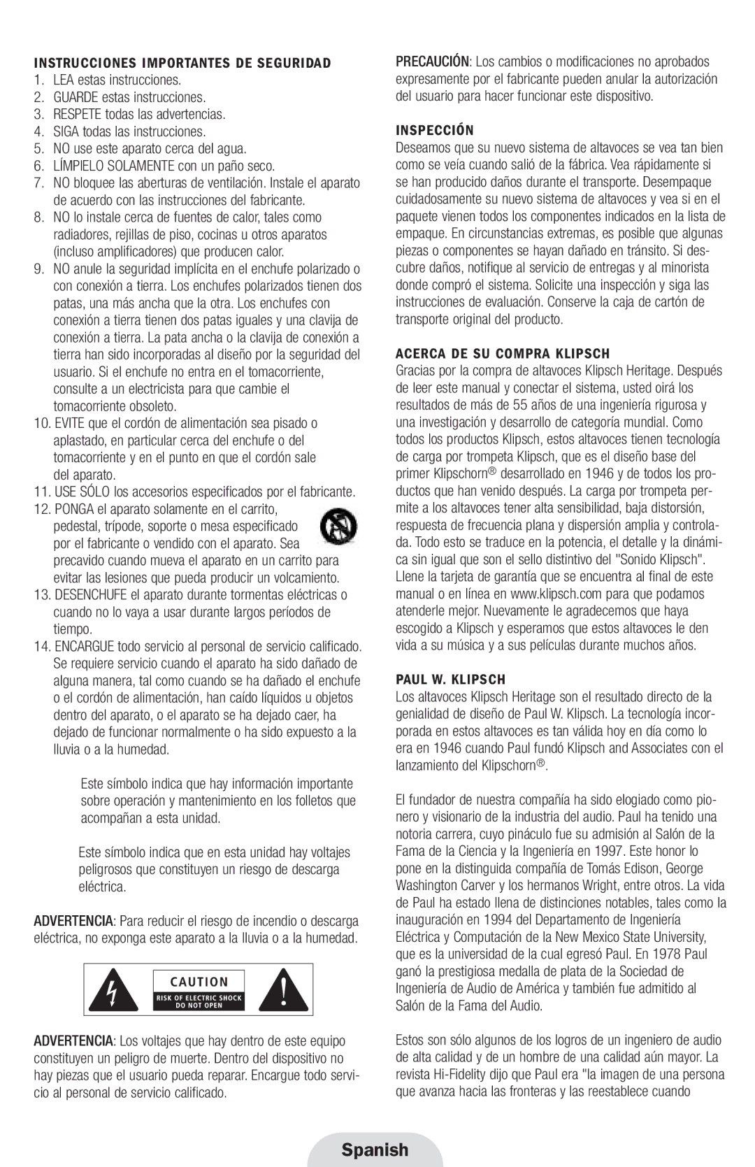 Klipsch Cornwall III, Heresy III owner manual Spanish, Instrucciones Importantes DE Seguridad, Inspección 