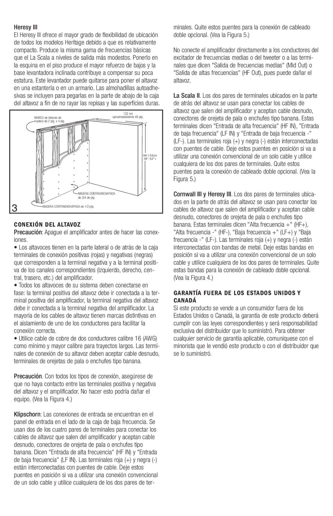 Klipsch Heresy III, Cornwall III owner manual Conexión DEL Altavoz, Garantía Fuera DE LOS Estados Unidos Y Canadá 