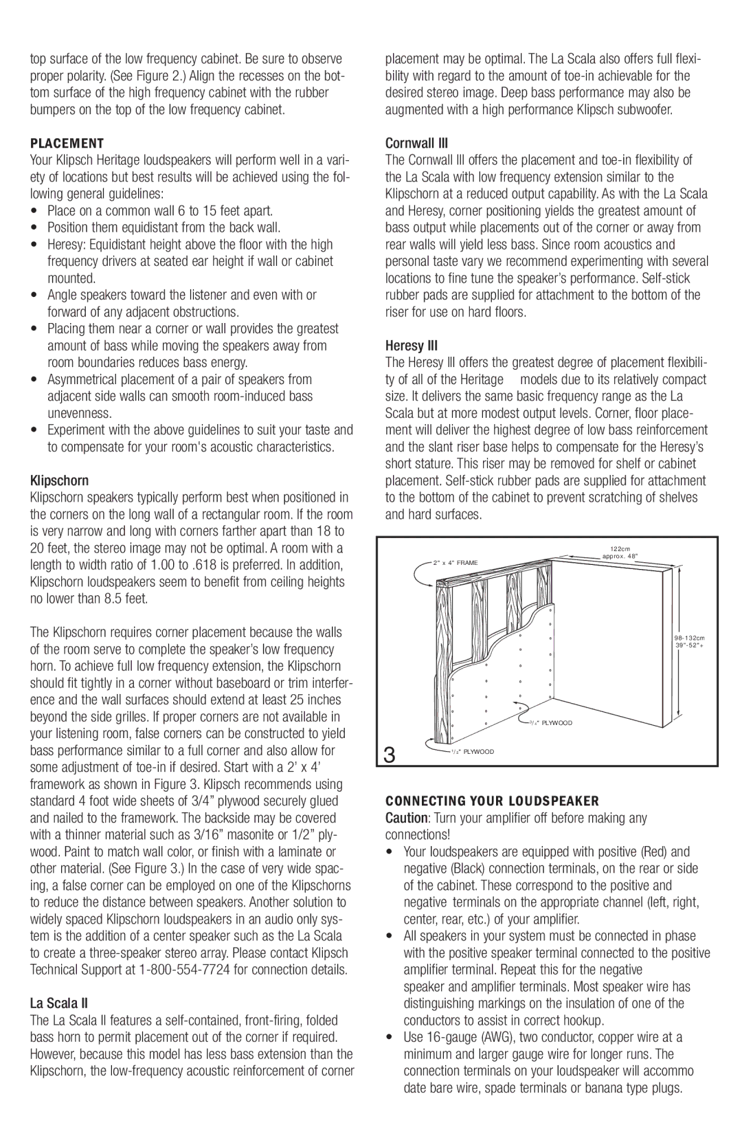 Klipsch Heresy III, Cornwall III owner manual Placement 