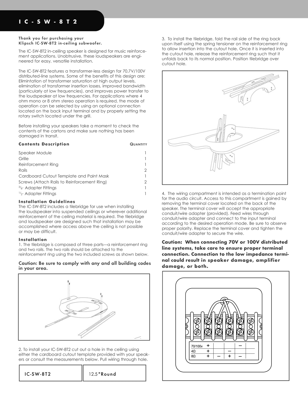 Klipsch IC - SW - 8 T 2 owner manual IC SW 8T2 Round, Contents Description 