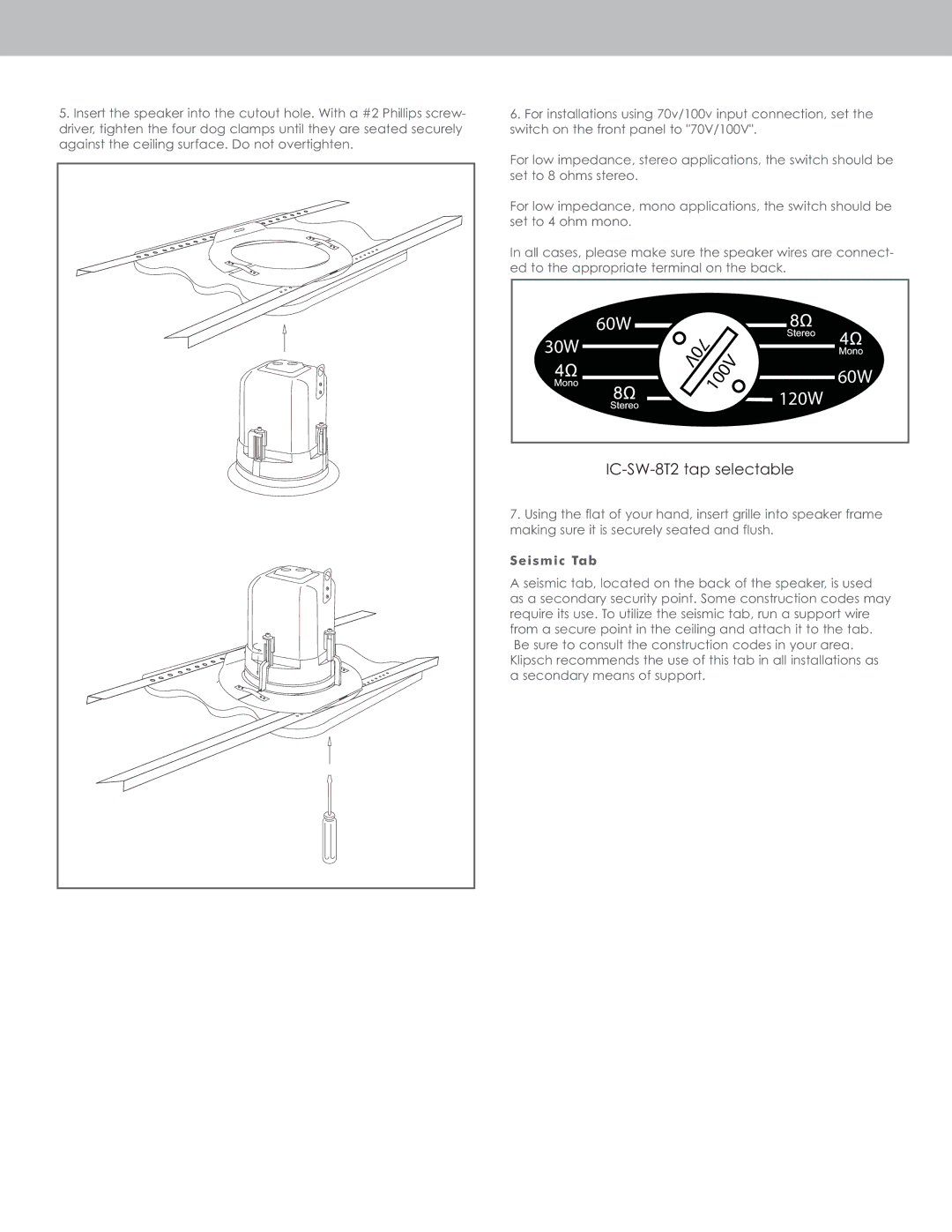 Klipsch IC - SW - 8 T 2 owner manual 100V, Seismic Tab 