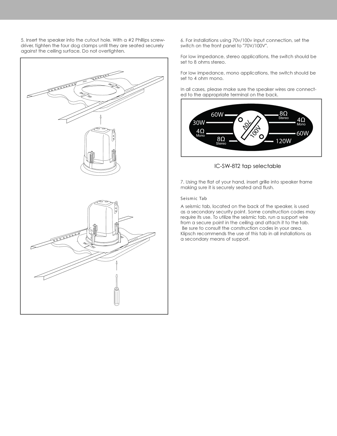 Klipsch IC-SW-8T2 owner manual 60W 120W, Se ism ic Tab 