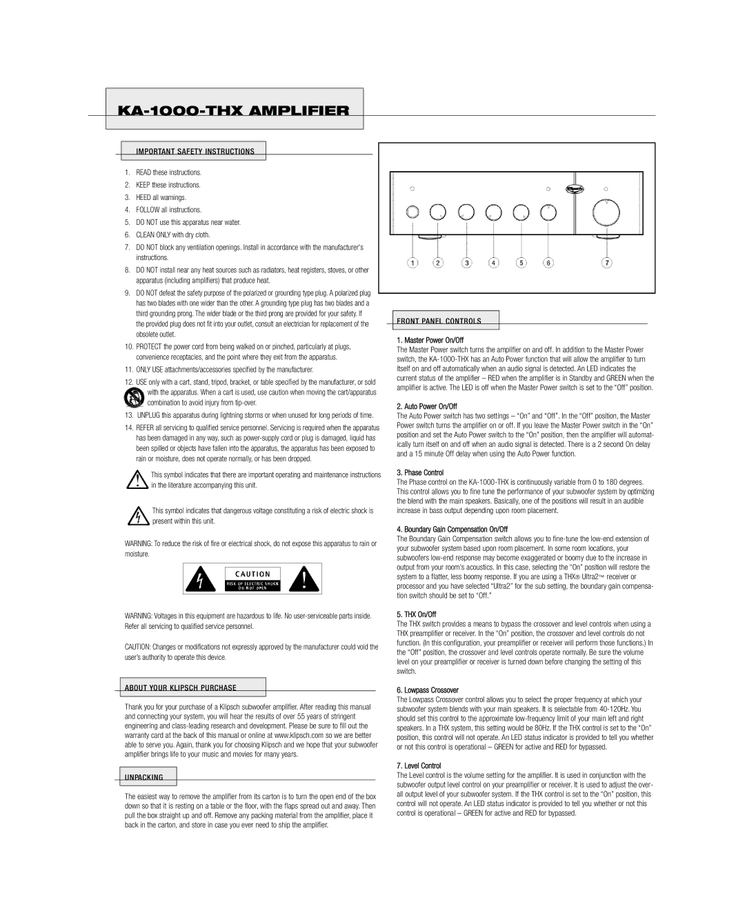 Klipsch KA-1000-THX Master Power On/Off, Auto Power On/Off, Phase Control, Boundary Gain Compensation On/Off, THX On/Off 