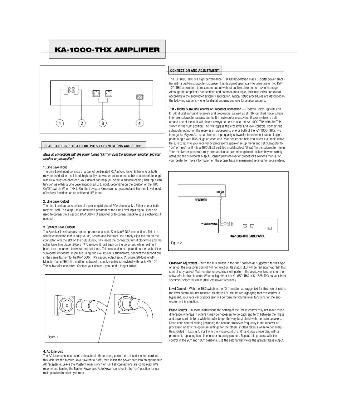 Klipsch KA-1000-THX owner manual Line Level Input, Line Level Output, Speaker Level Outputs, AC Line Cord 