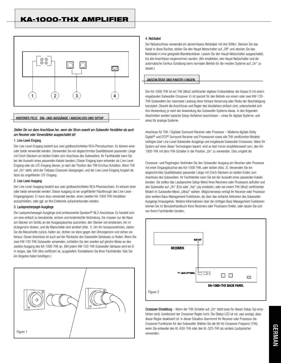 Klipsch KA-1000-THX owner manual Line-Level-Eingang, Line-Level-Ausgang, Lautsprecherpegel-Ausgänge, Netzkabel 