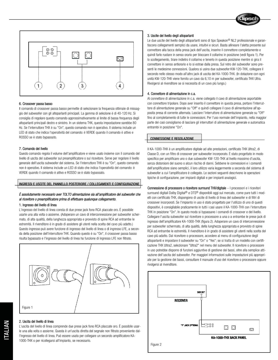 Klipsch KA-1000-THX Crossover passa basso, Comando del livello, Ingresso del livello di linea, Uscita del livello di linea 