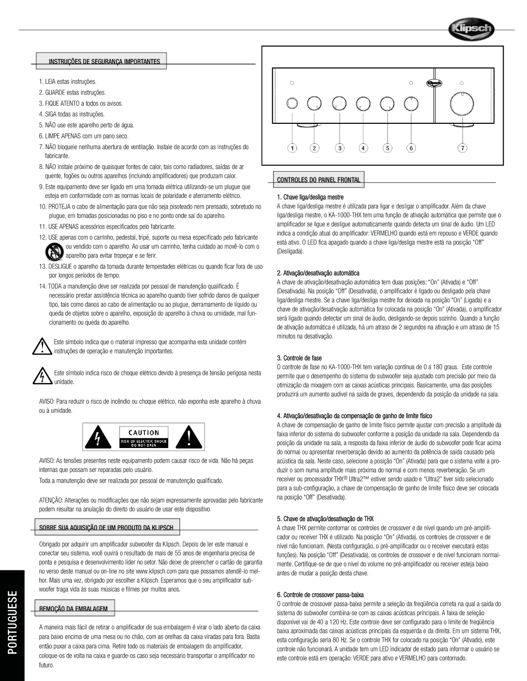 Klipsch KA-1000-THX owner manual Chave liga/desliga mestre, Ativação/desativação automática, Controle de fase 