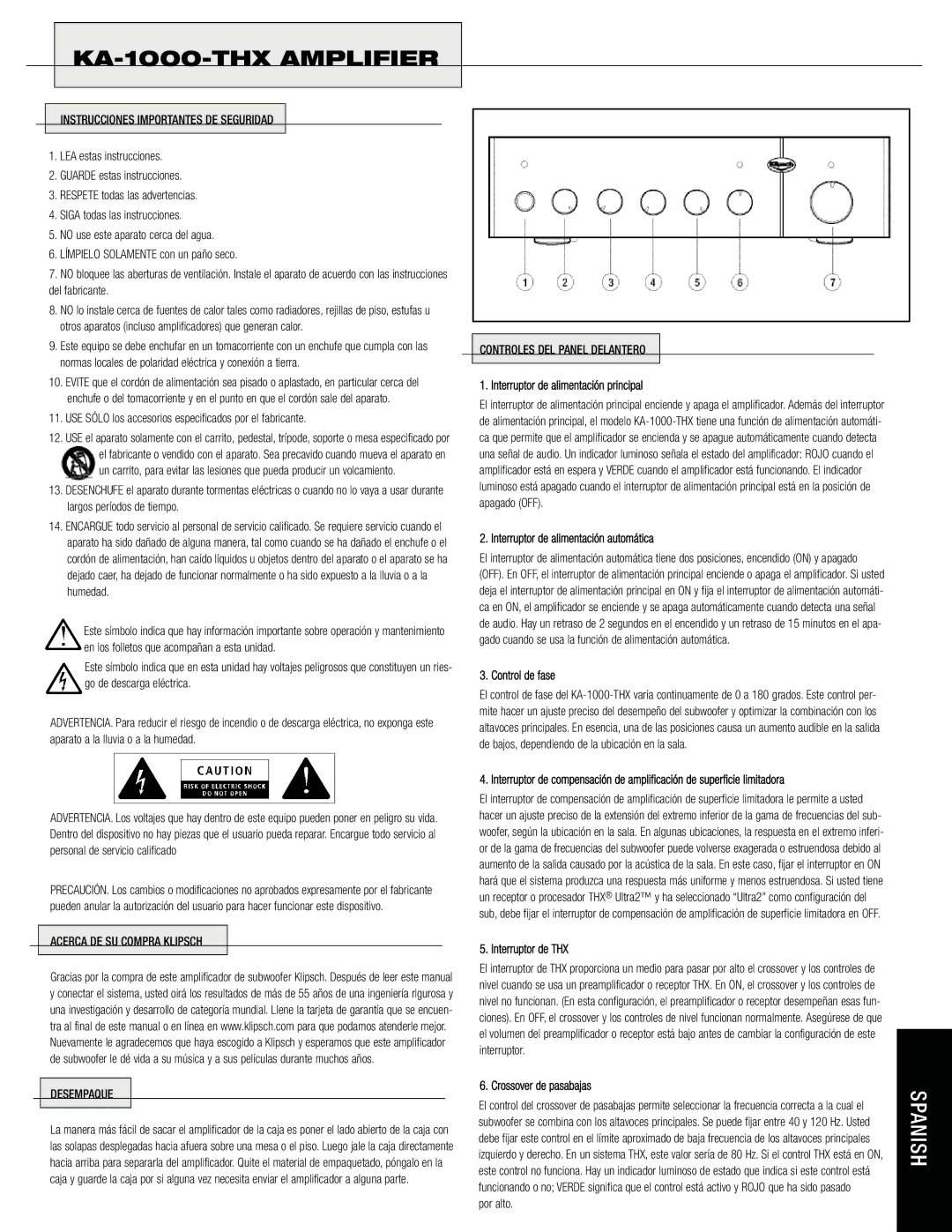 Klipsch KA-1000-THX Interruptor de alimentación principal, Interruptor de alimentación automática, Control de fase 