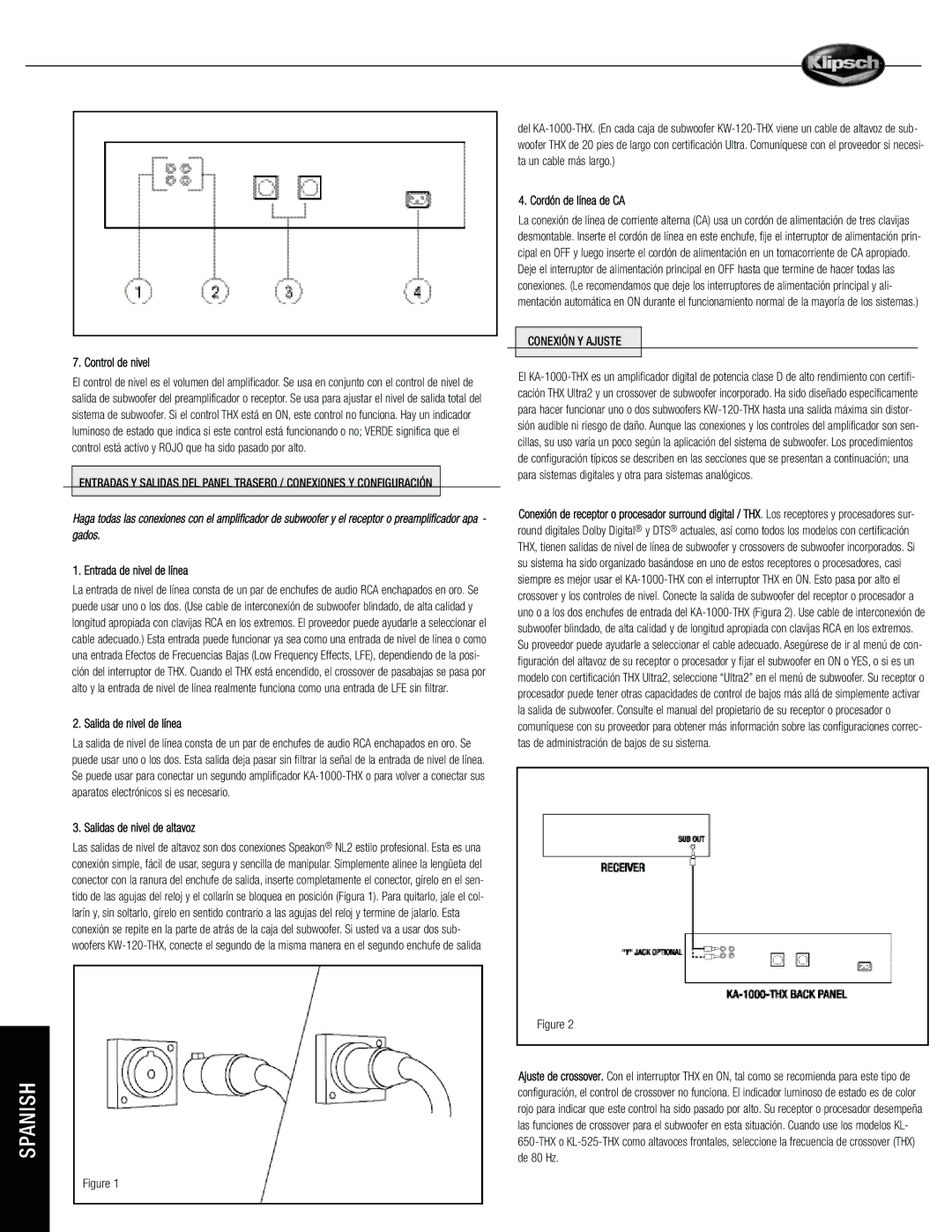 Klipsch KA-1000-THX Control de nivel, Entrada de nivel de línea, Salida de nivel de línea, Salidas de nivel de altavoz 