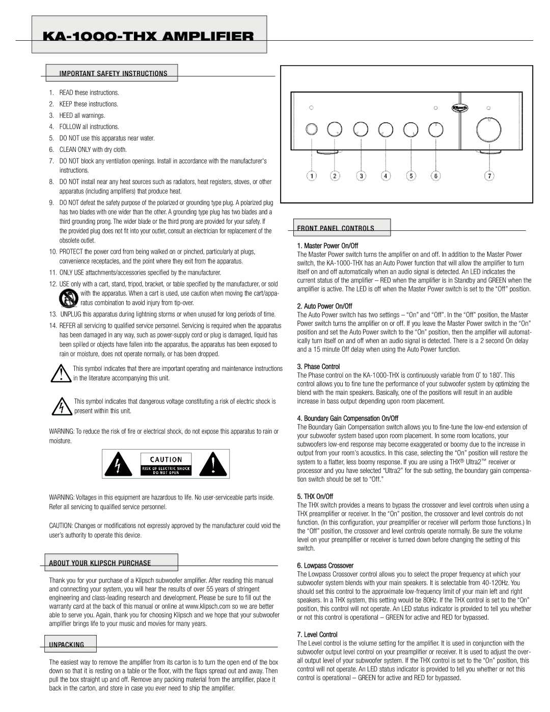 Klipsch KA-1000-THX Master Power On/Off, Auto Power On/Off, Phase Control, Boundary Gain Compensation On/Off, THX On/Off 