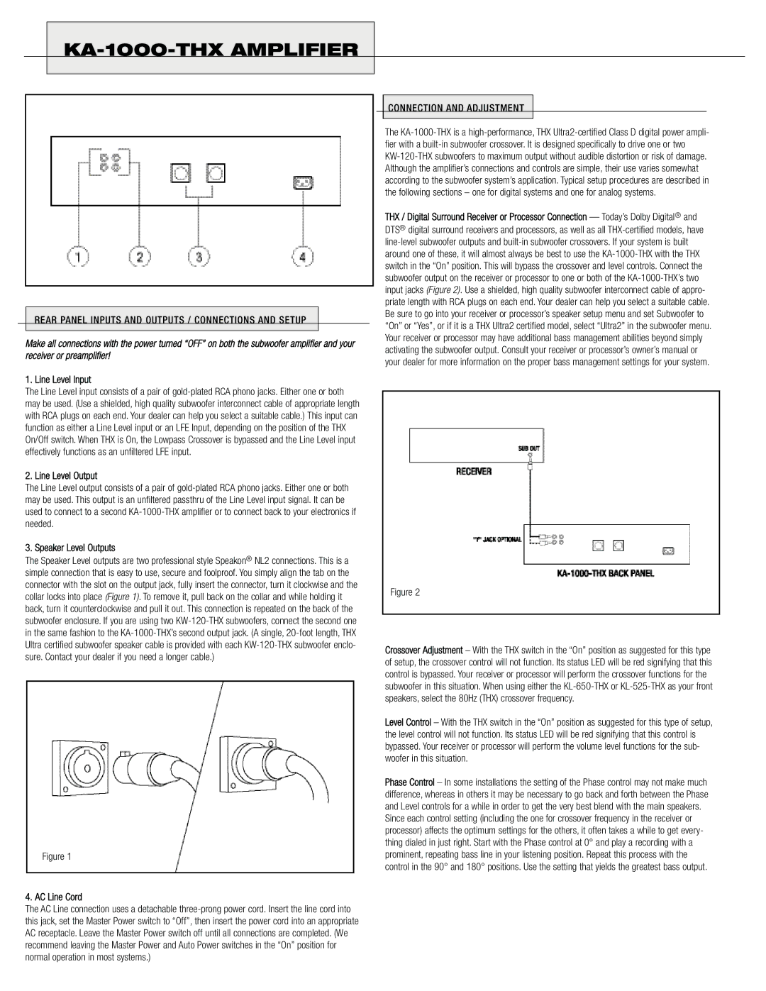 Klipsch KA-1000-THX owner manual Line Level Input, Line Level Output, Speaker Level Outputs, AC Line Cord 