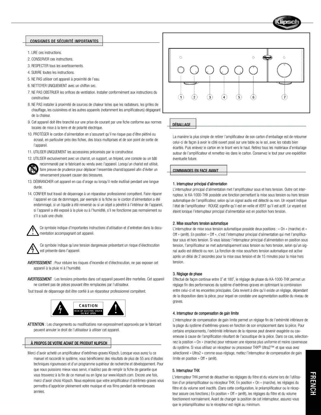 Klipsch KA-1000-THX Interrupteur principal d’alimentation, Mise sous/hors tension automatique, Réglage de phase 