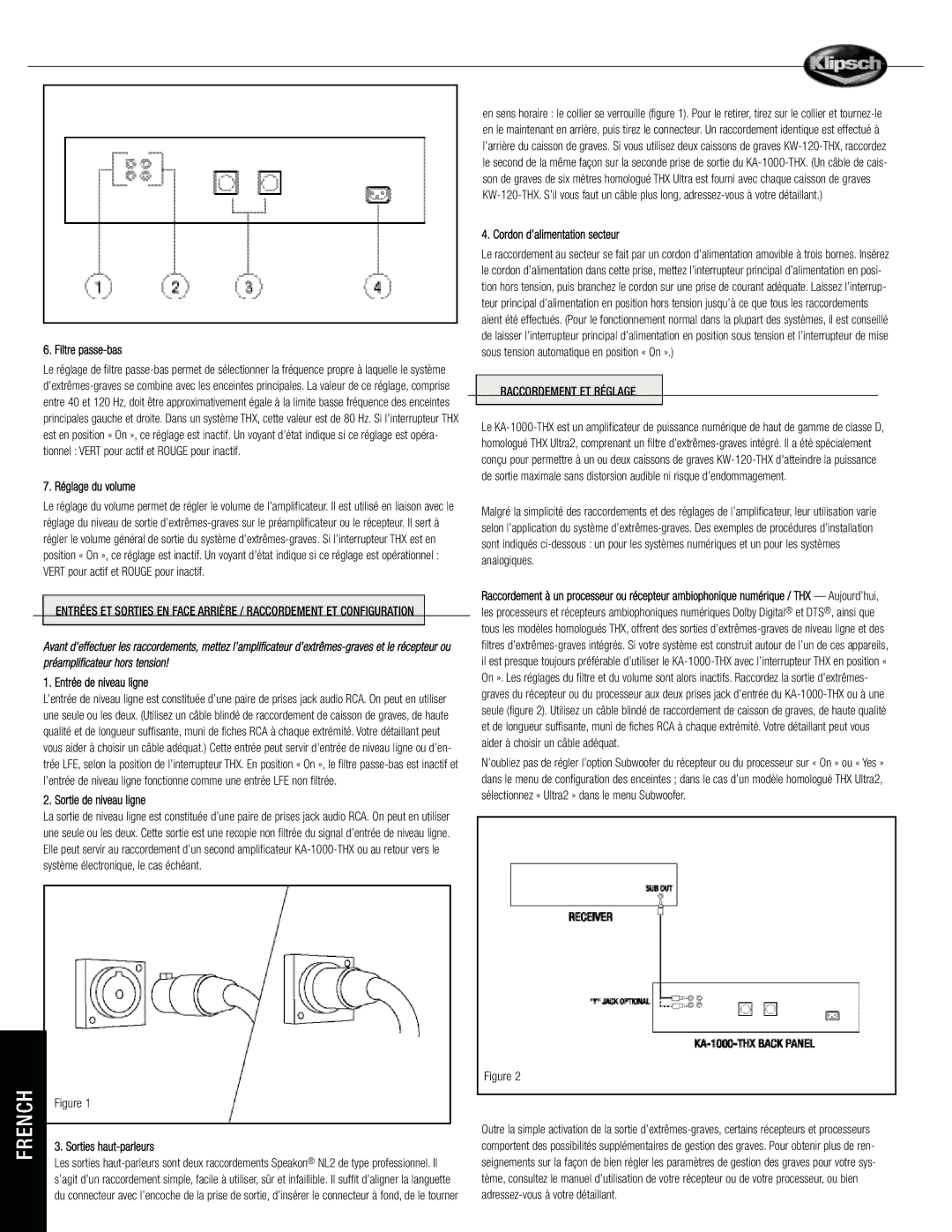 Klipsch KA-1000-THX owner manual Filtre passe-bas, Réglage du volume, Entrée de niveau ligne, Sortie de niveau ligne 