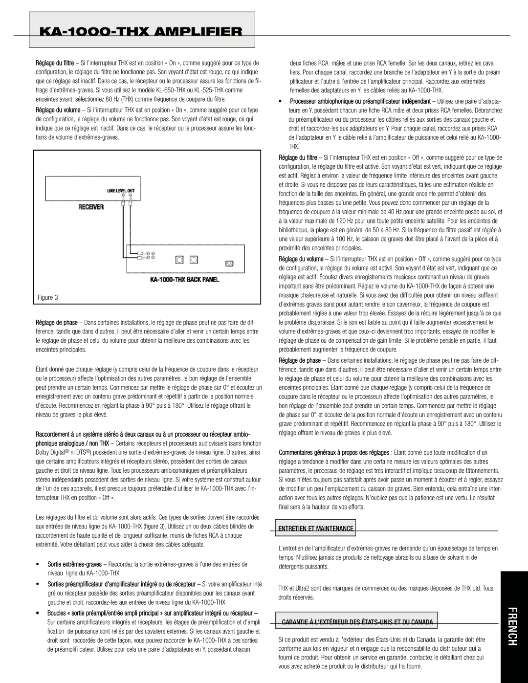 Klipsch KA-1000-THX owner manual Entretien ET Maintenance, Garantie À Lextérieur DES ÉTATS-UNIS ET DU Canada 