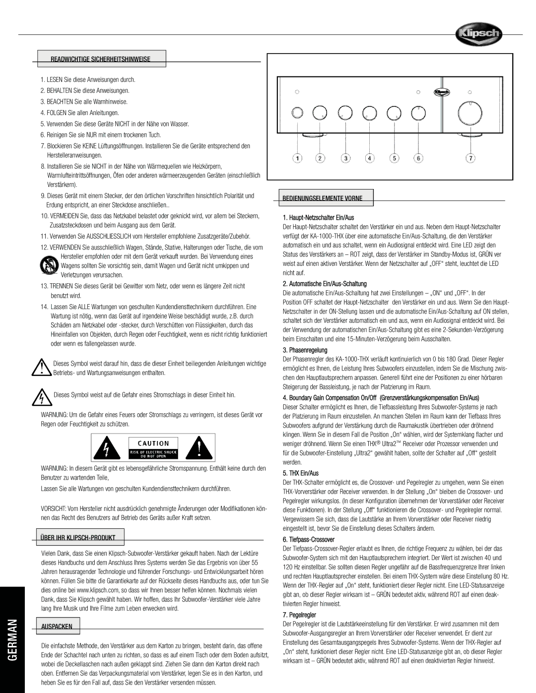 Klipsch KA-1000-THX Haupt-Netzschalter Ein/Aus, Automatische Ein/Aus-Schaltung, Phasenregelung, THX Ein/Aus, Pegelregler 