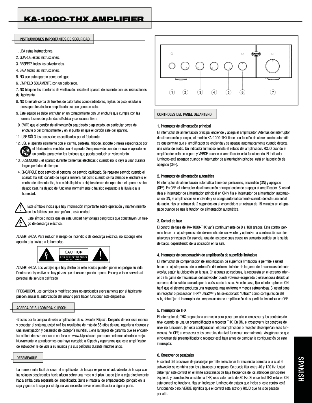Klipsch owner manual KA-1000-THXAMPLIFIER, Interruptor de alimentación principal, Interruptor de alimentación automática 