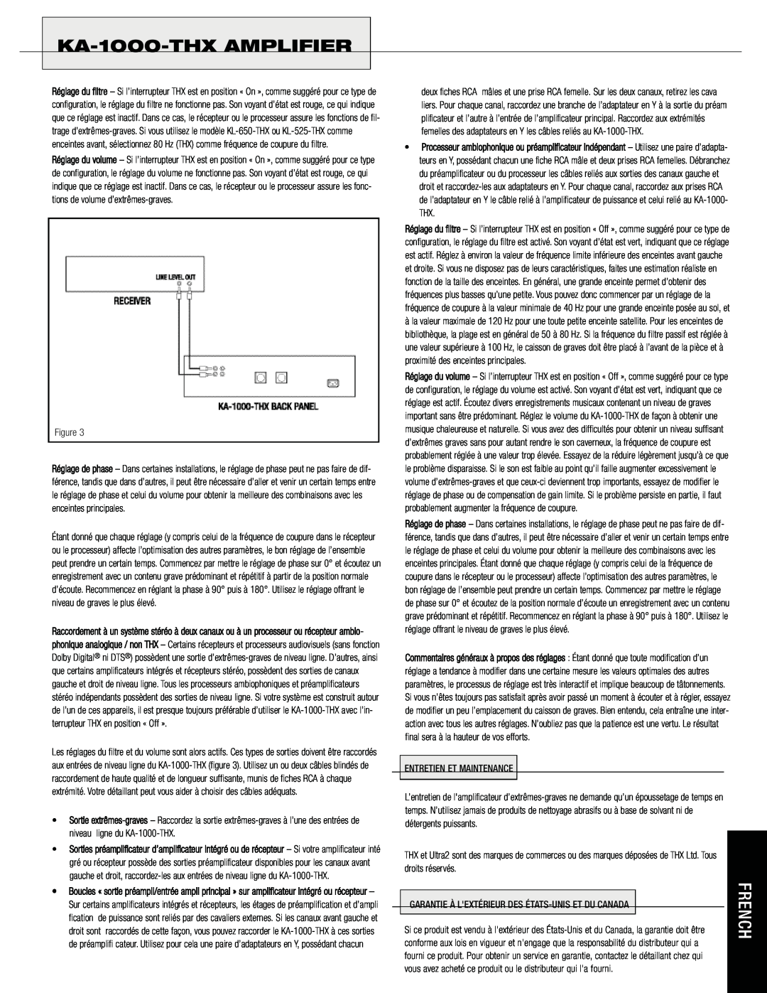 Klipsch KA-1000-THXAMPLIFIER, Figure, Entretien Et Maintenance, Garantie À Lextérieur Des États-Uniset Du Canada 
