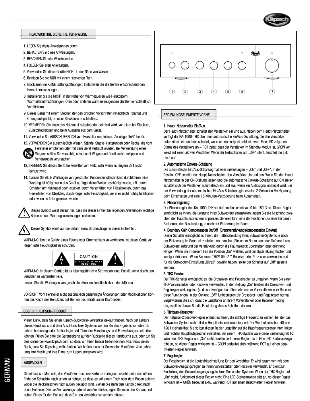 Klipsch KA-1000-THX Haupt-NetzschalterEin/Aus, Automatische Ein/Aus-Schaltung, Phasenregelung, THX Ein/Aus, Pegelregler 