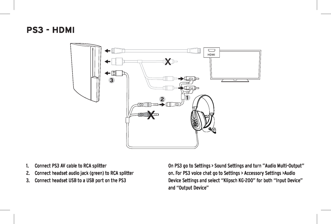 Klipsch KG-200 owner manual PS3 - HDMI, On PS3 go to Settings Sound Settings and turn ”Audio Multi-Output” 