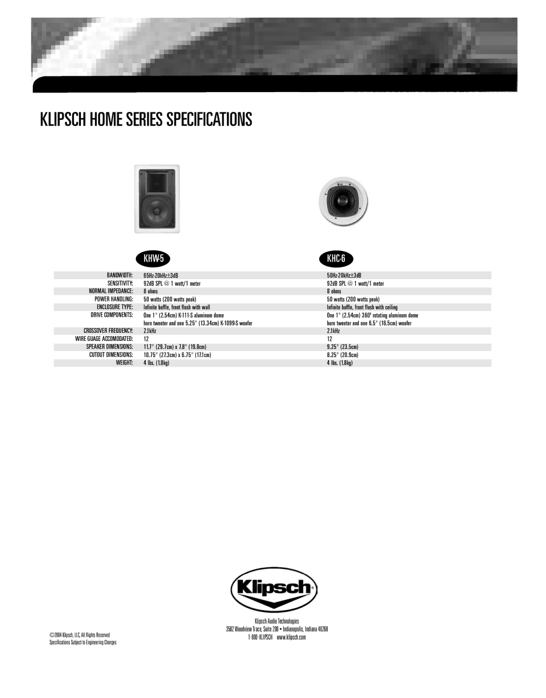 Klipsch owner manual Klipsch Home Series Specifications, KHW-5 KHC-6 