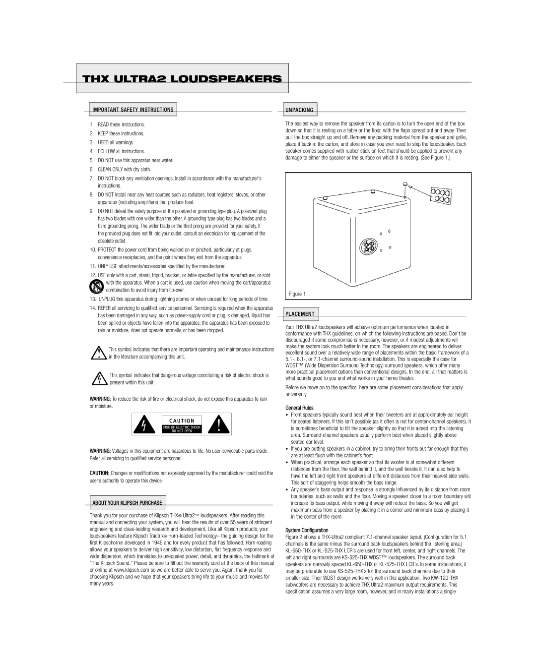 Klipsch KL-650-THX Important Safety Instructions, About Your Klipsch Purchase Unpacking, Placement, General Rules 