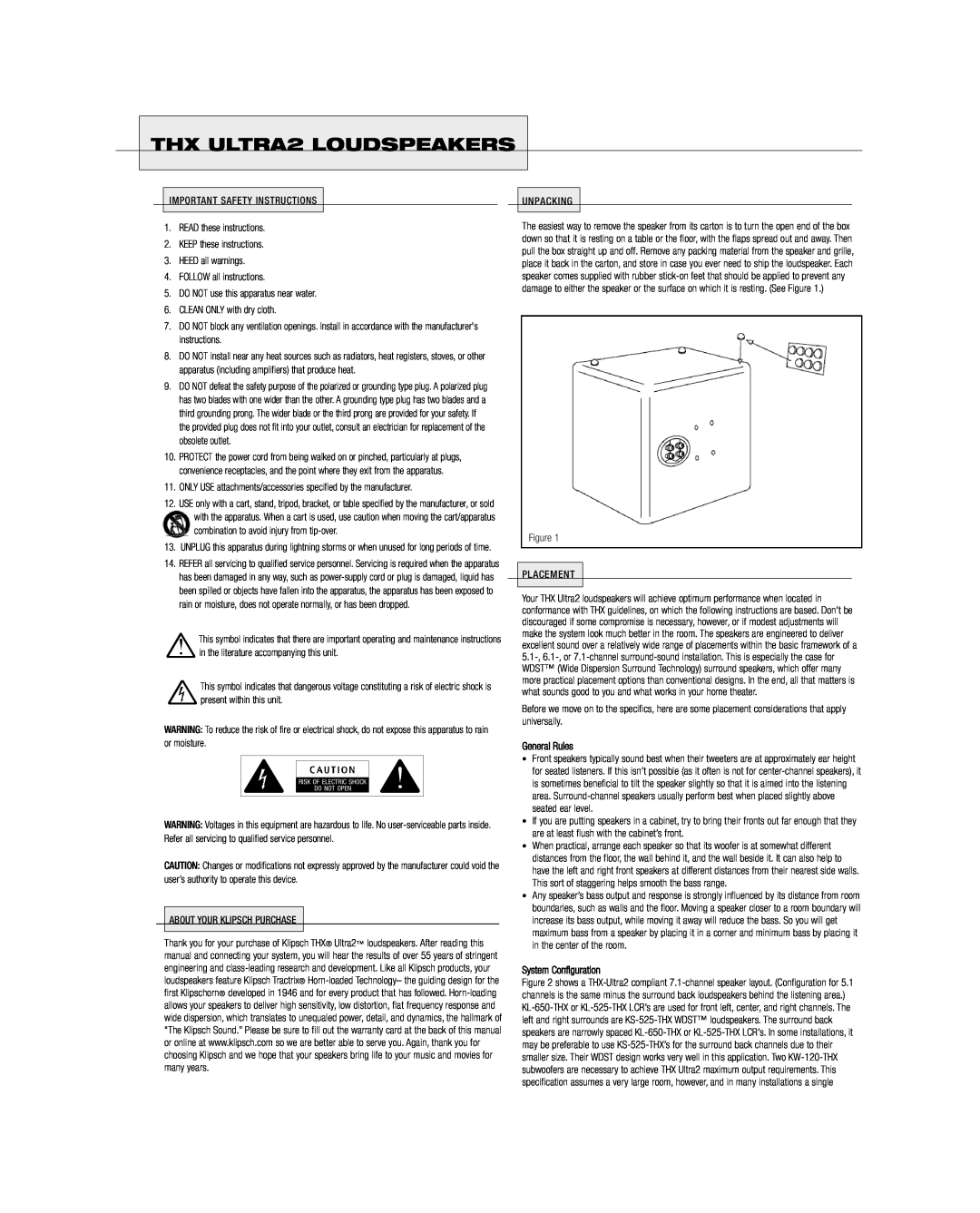 Klipsch KL-650-THX owner manual THX ULTRA2 LOUDSPEAKERS, General Rules, System Configuration 