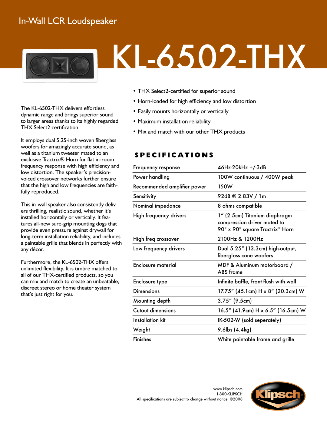 Klipsch KL-6502-THX specifications In-WallLCR Loudspeaker, S p e c i f i c a t i o n s 
