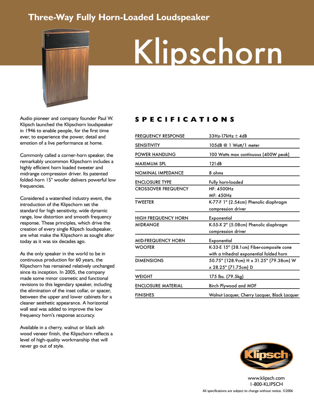 Klipsch Klipschorn specifications Specification S 