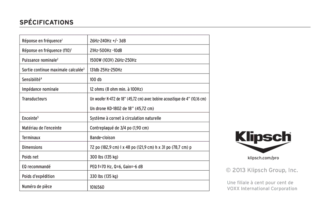 Klipsch KPT-1802-HLS owner manual Spécifications 