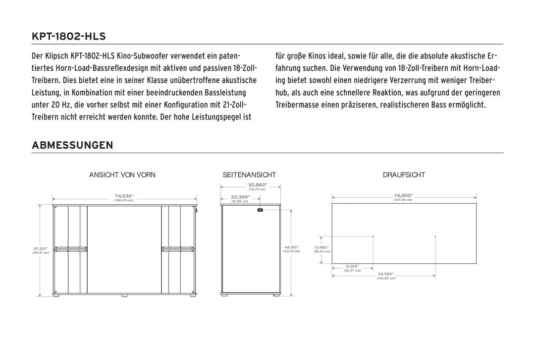 Klipsch KPT-1802-HLS owner manual Abmessungen 