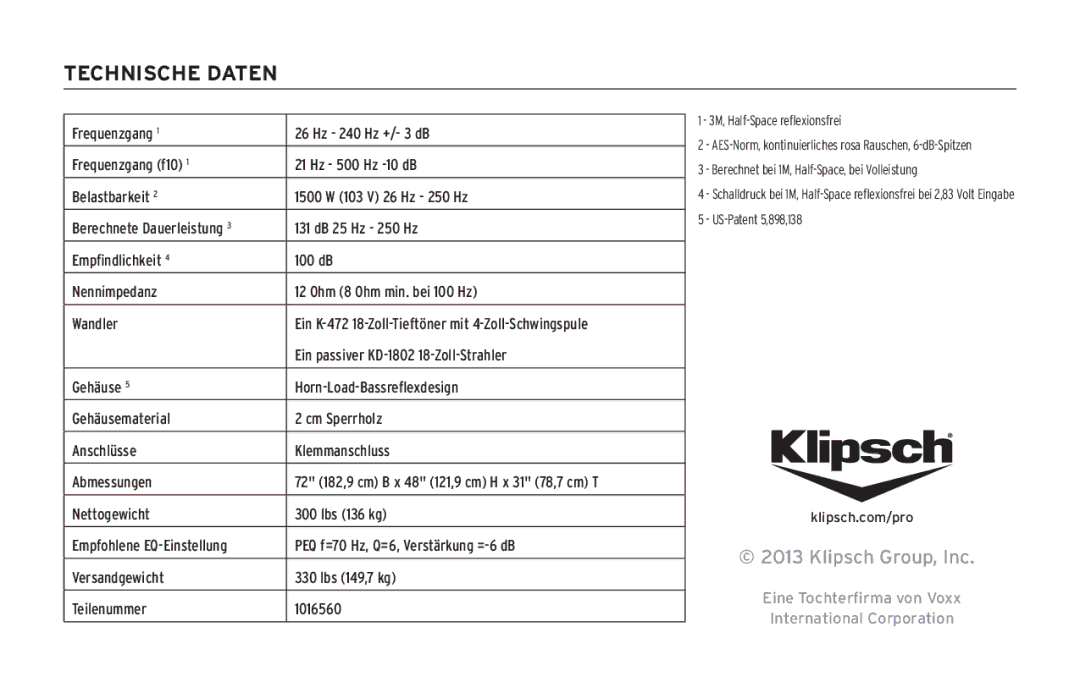 Klipsch KPT-1802-HLS owner manual Technische Daten, 3M, Half-Space reflexionsfrei 