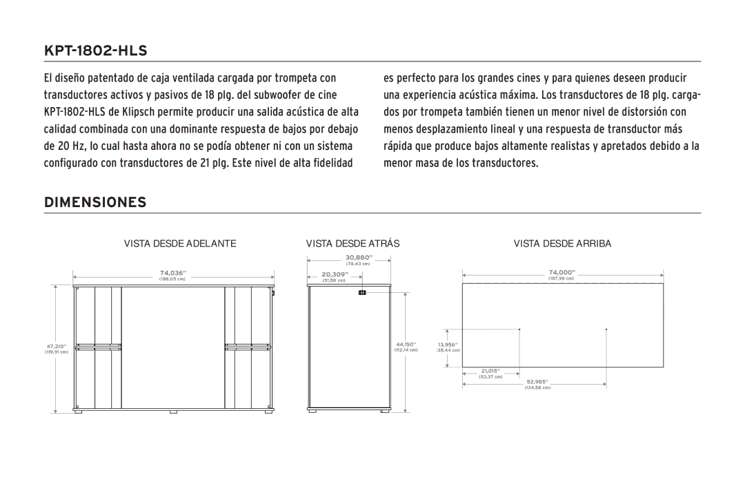 Klipsch KPT-1802-HLS owner manual Dimensiones, Vista Desde Adelante Vista Desde Atrás 