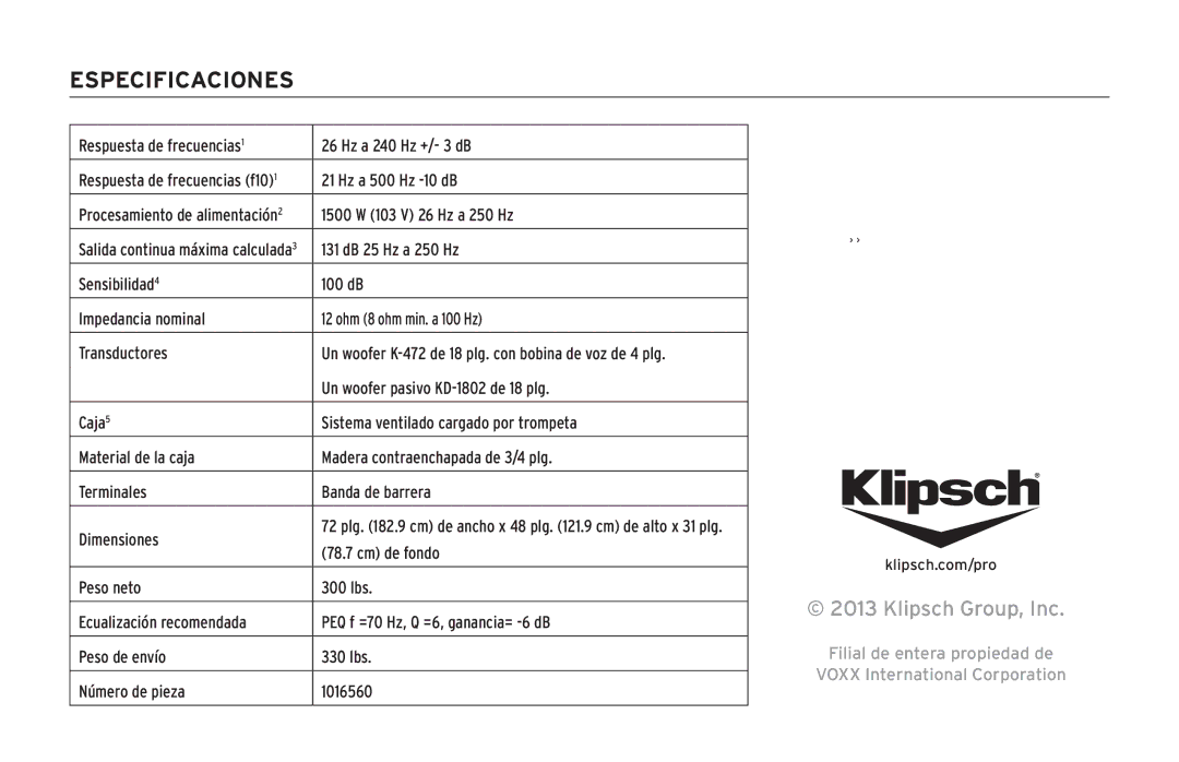 Klipsch KPT-1802-HLS owner manual Especificaciones 