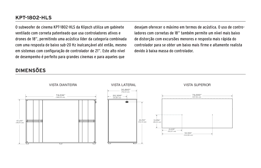 Klipsch KPT-1802-HLS owner manual Dimensões 