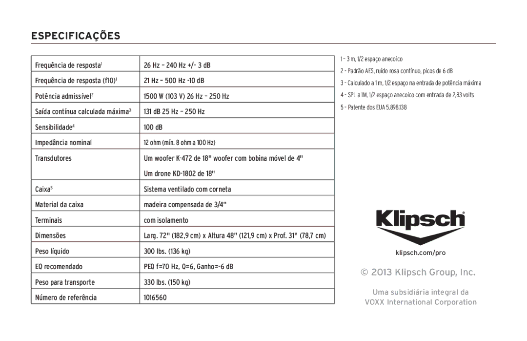 Klipsch KPT-1802-HLS owner manual Especificações 