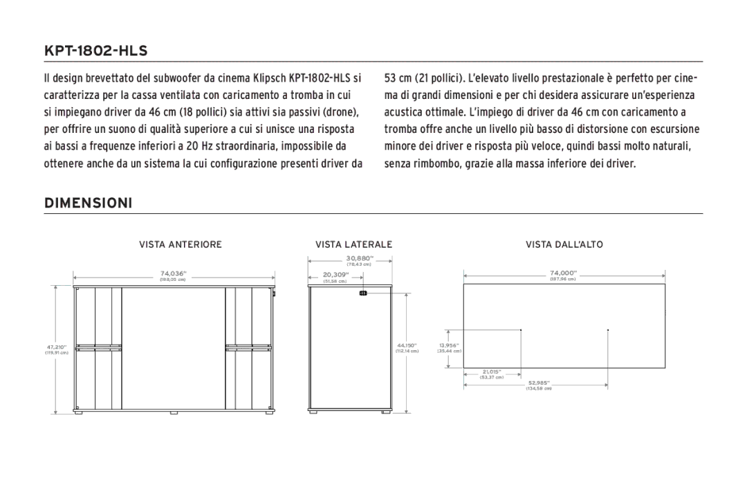 Klipsch KPT-1802-HLS owner manual Dimensioni 