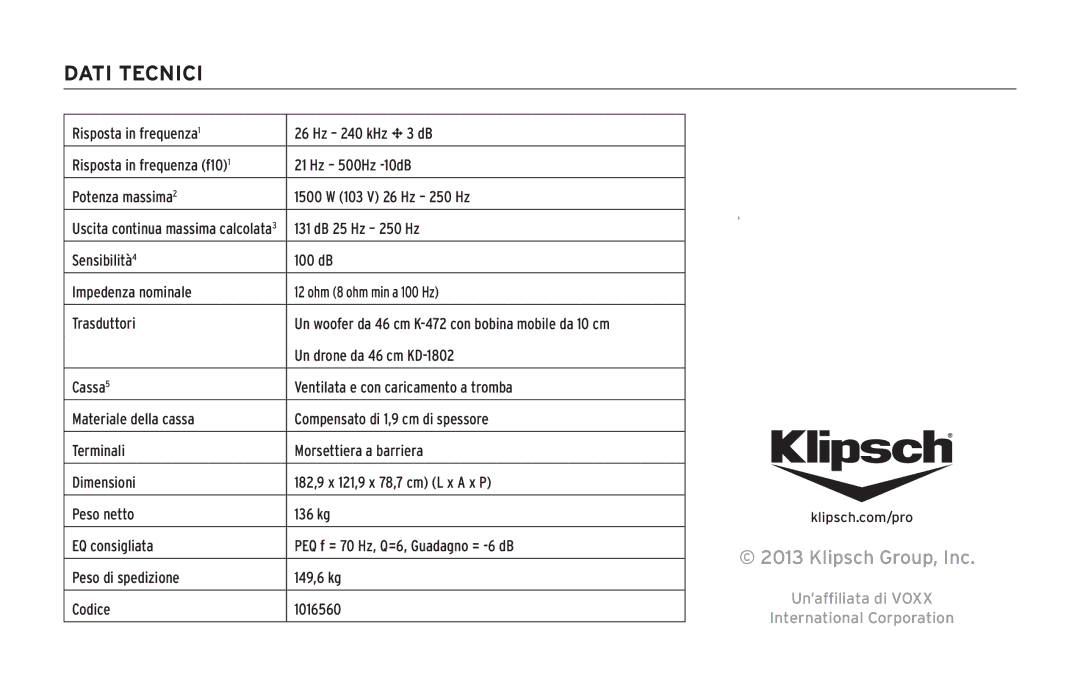 Klipsch KPT-1802-HLS owner manual Dati Tecnici 