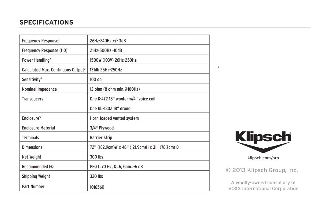 Klipsch KPT-1802-HLS owner manual Specifications 